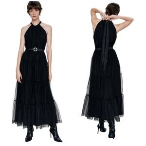 Zara Tulle Tiered Swiss Dot Gown Maxi Holiday Dress Black Belted Witchy Small